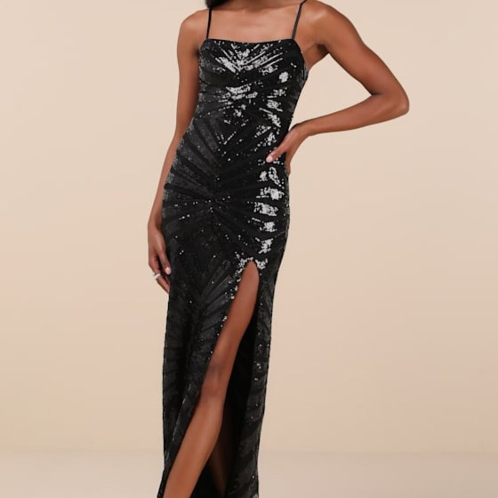 (NEW)Lulus Glimmering Beauty Black Sequin Sleeveless Column Maxi Dress - Size XS
